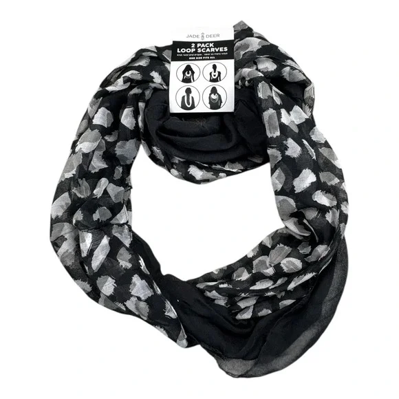 Jade & Deer 2 Pack Loop Scarves Black Gray Animal Print One Size NWT - Picture 6 of 6